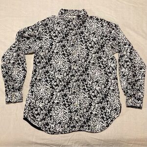 Liz Claiborne 100% Linen Black and White Floral  Button Down Shirt
